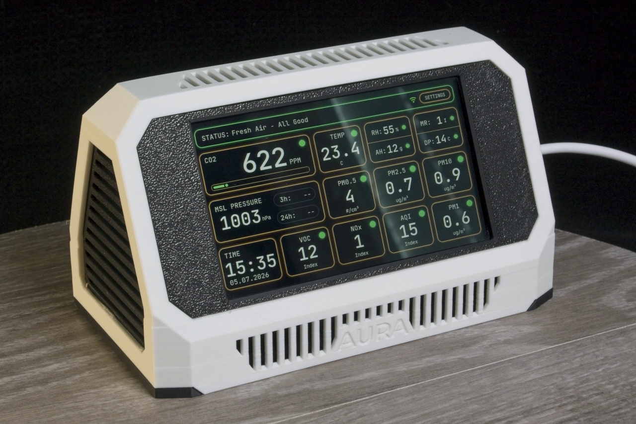Aura original case (white) — front three-quarter view, live readings on screen