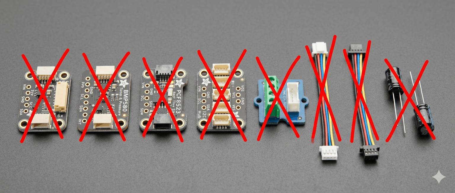 The breakout boards, hub, capacitor, and cables the Aura PCB replaces
