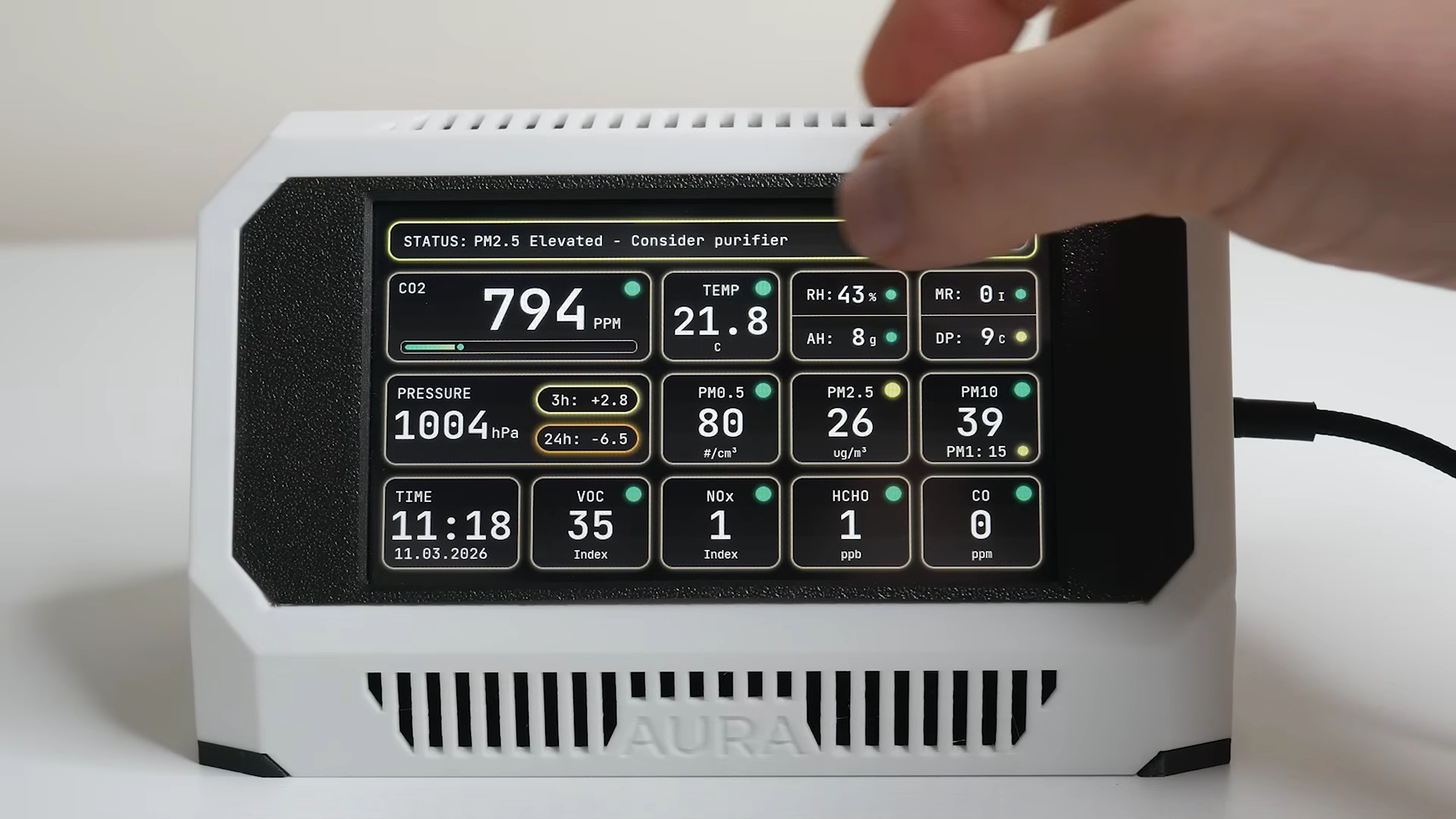 See the assembled Aura air quality monitor in action